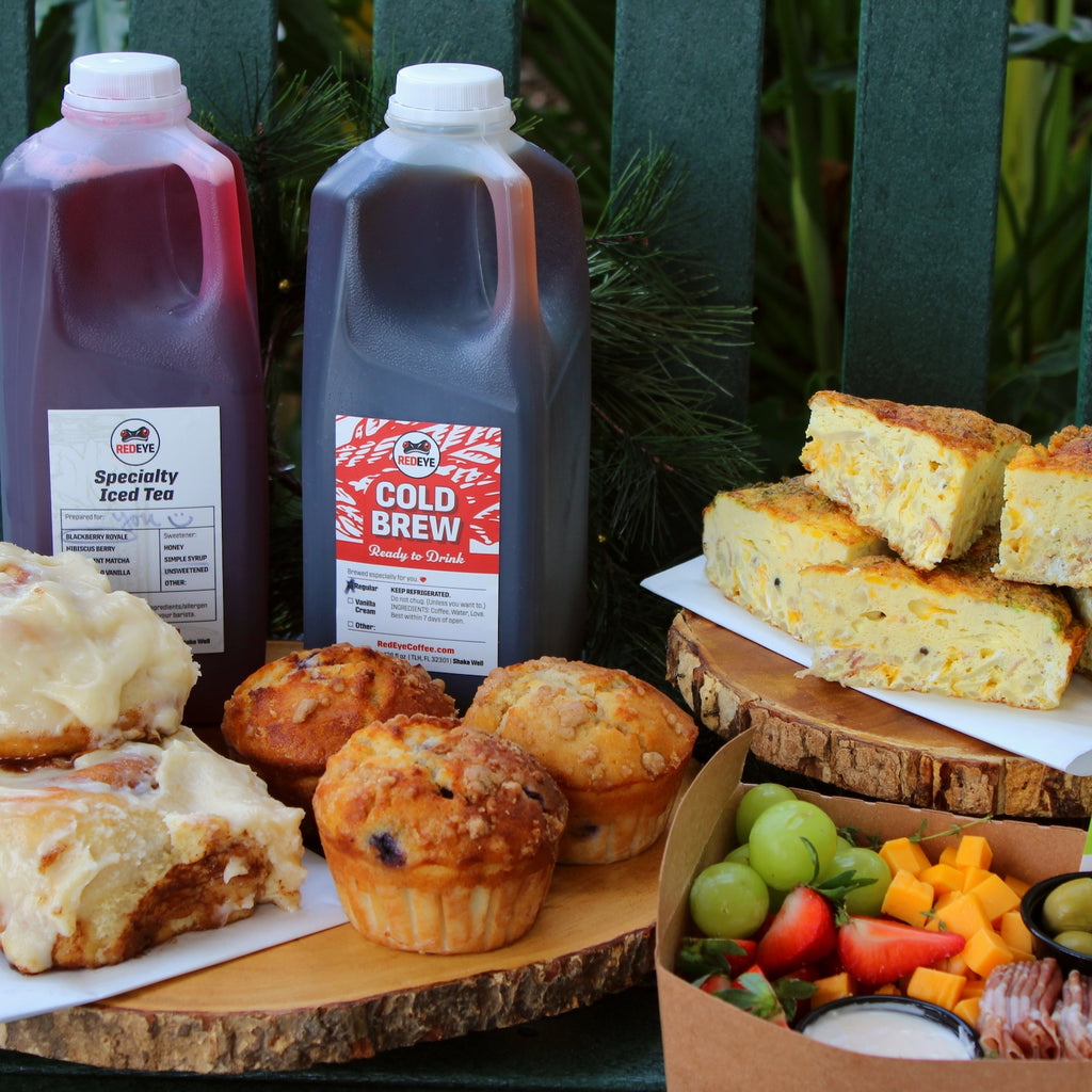 Cozy Brunch breakfast catering package by RedEye Coffee in Tallahassee, FL. Includes cold brew, muffins, cinnamon rolls, breakfast casseroles, and a grazing box. 