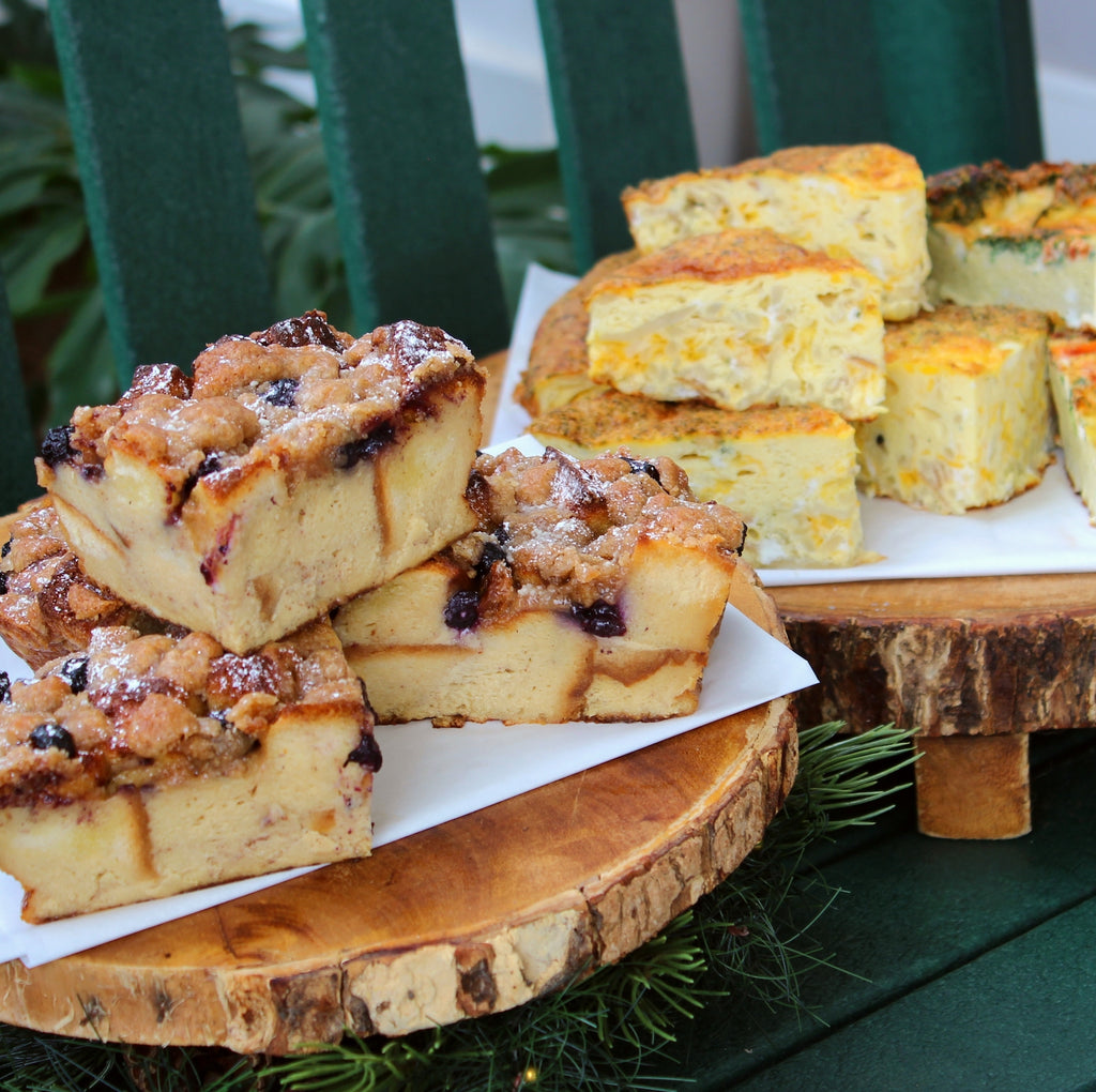 Holiday Bites breakfast catering package by RedEye Coffee in Tallahassee, FL. Includes muffins, cinnamon rolls, breakfast casseroles, and cold brew. 