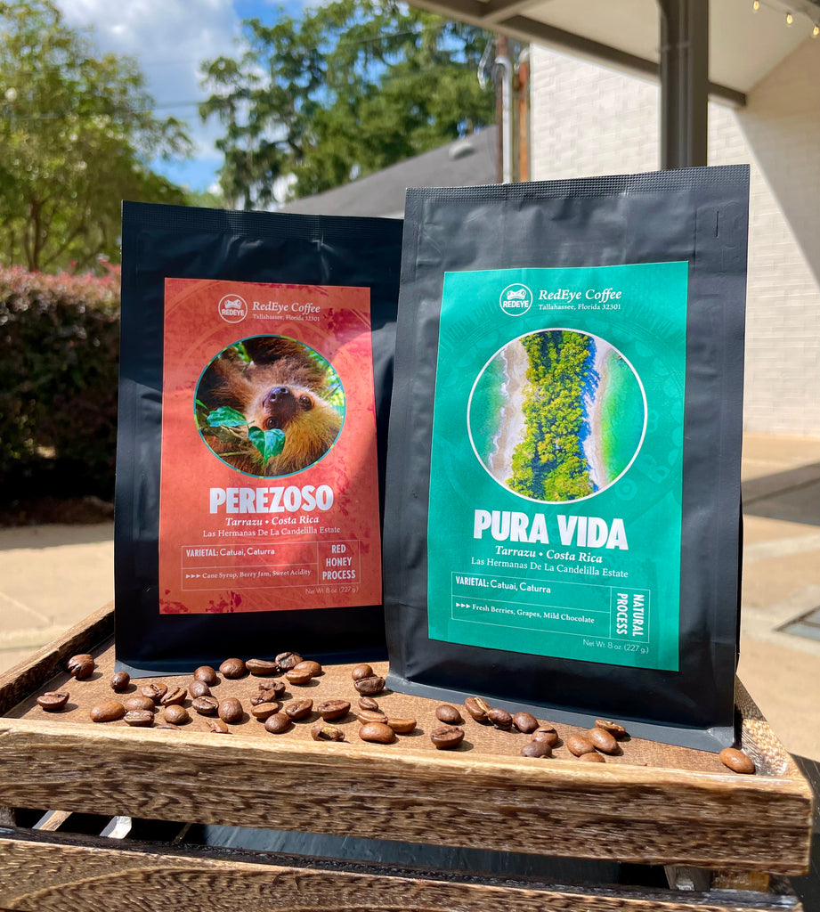 Pura Vida and Perezoso, Costa Rican coffees available at RedEye Coffee in Tallahassee, FL