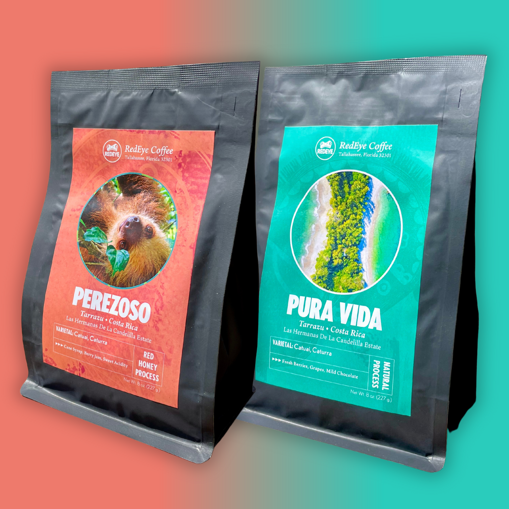 Pura Vida and Perezoso, Costa Rican coffees available at RedEye Coffee in Tallahassee, FL