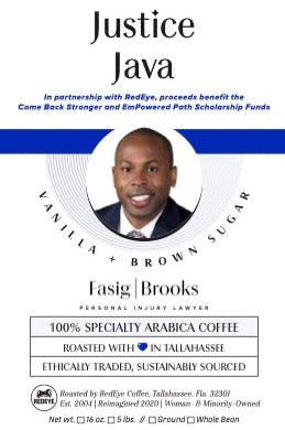 Fasig Brooks Bagged Coffee label specialty flavored blend - Justice Java by Craig Richardson
