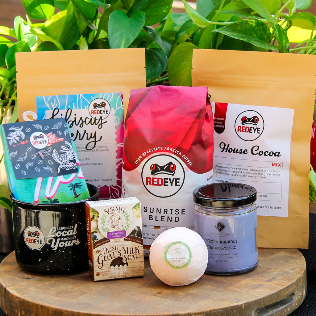 Self Care gift set with local food, coffee, and gifts from RedEye Coffee in Tallahassee, FL.