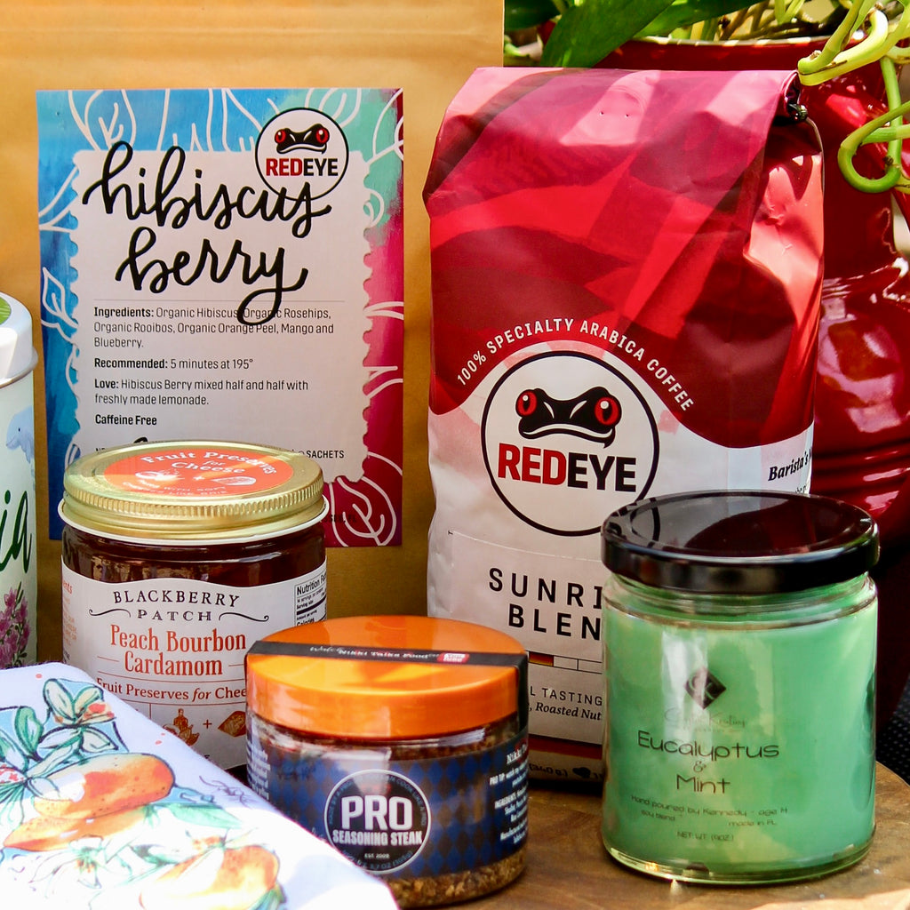 Tally-Thom Gift Set with local foods, coffee, and other gifts sourced from Tallahassee and Thomasville from RedEye Coffee in Tallahassee, FL.