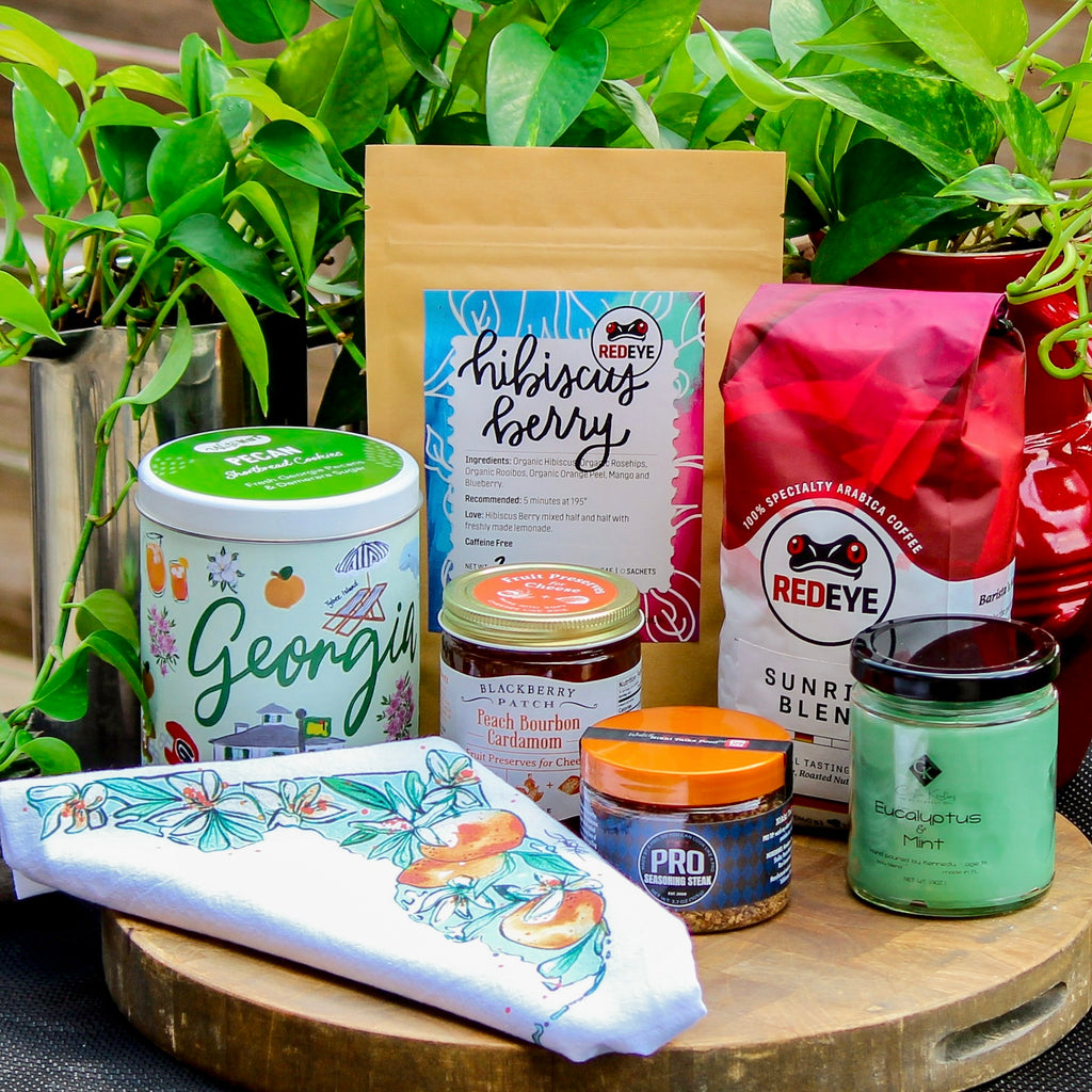 Tally-Thom Gift Set with local foods, coffee, and other gifts sourced from Tallahassee and Thomasville from RedEye Coffee in Tallahassee, FL.