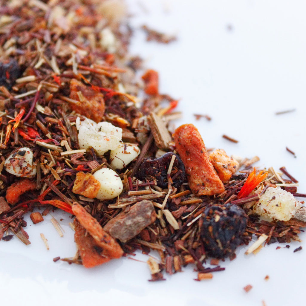 Specialty red rooibos tea with Carrot, cinnamon, and candied ginger from Tebella Tea Company sold at RedEye Coffee Tallahassee, FL.